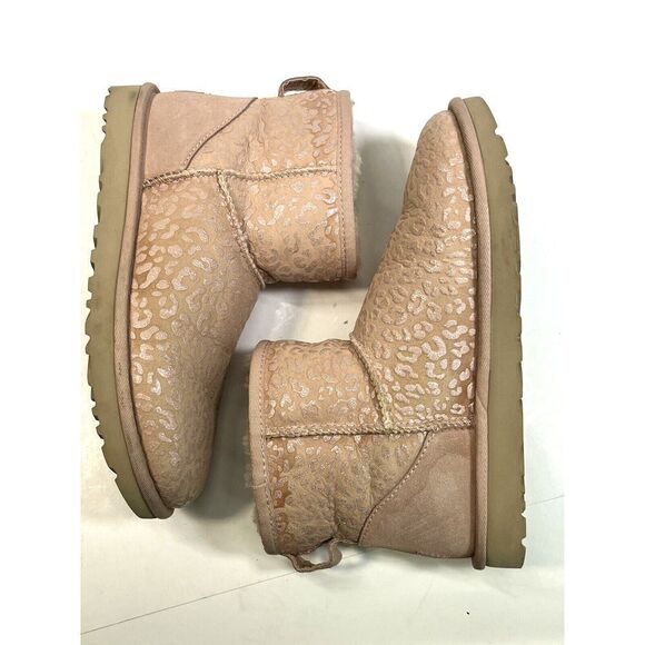 Ugg Classic Mini Snow Leopard Boot Size 8 Pink Metallic Glitter Ankle - Picture 7 of 16